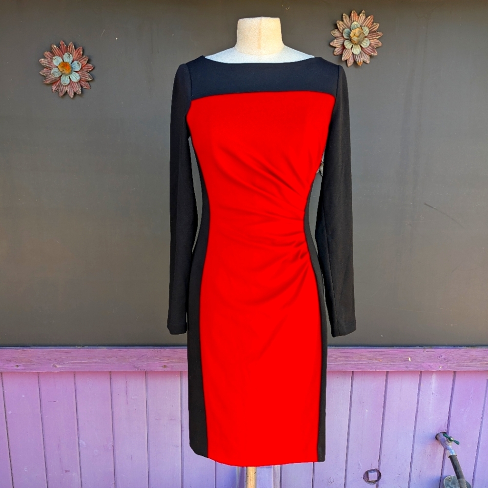 DNKY Elegant Red and Black Sleeve Dress